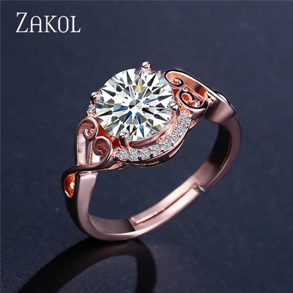 Rose Gold Color ZAKOL, Классические европейские женские кольца, белые, большие, кубические, циркониевые, для женщин, для девушек, вечерние, свадебные ювелирные изделия, FSRP2045 - Цвет основного камня: Rose Gold Color