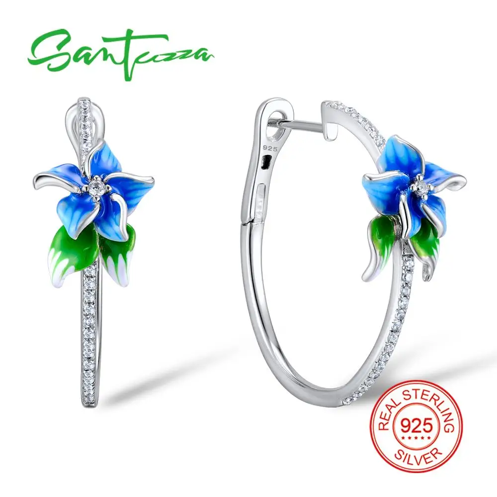 SANTUZZA серебряные серьги для женщин 925 пробы серебряные синие серьги-кольца цветок серебро Кубический Цирконий brincos Ювелирные изделия с эмалью