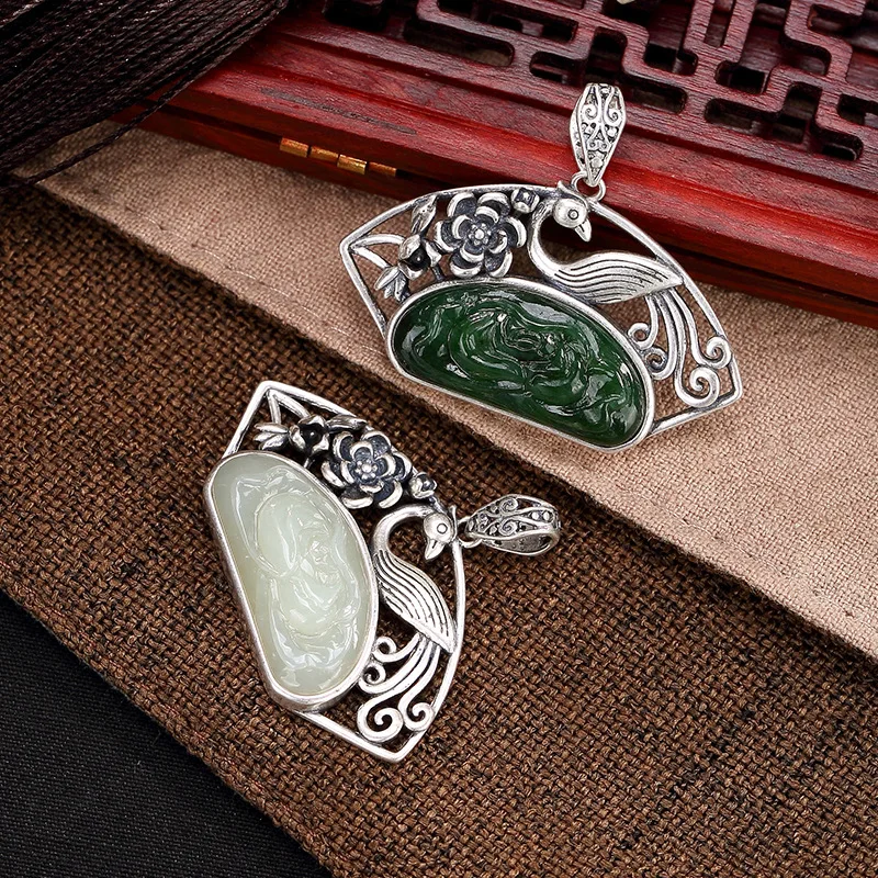 

2018 Top Fashion Rushed Jasper S925 Pure Antique Mosaic And Peacock Plum Blossom Sweater Chain Pendant Wholesale