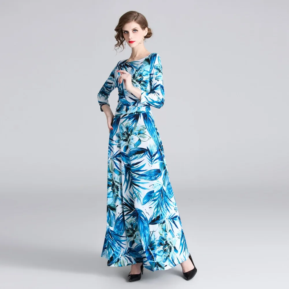 S-XXL spring summer woman dress white background blue leaf flower pattern print 3/4 sleeve ankle length fashion maxi | Женская одежда