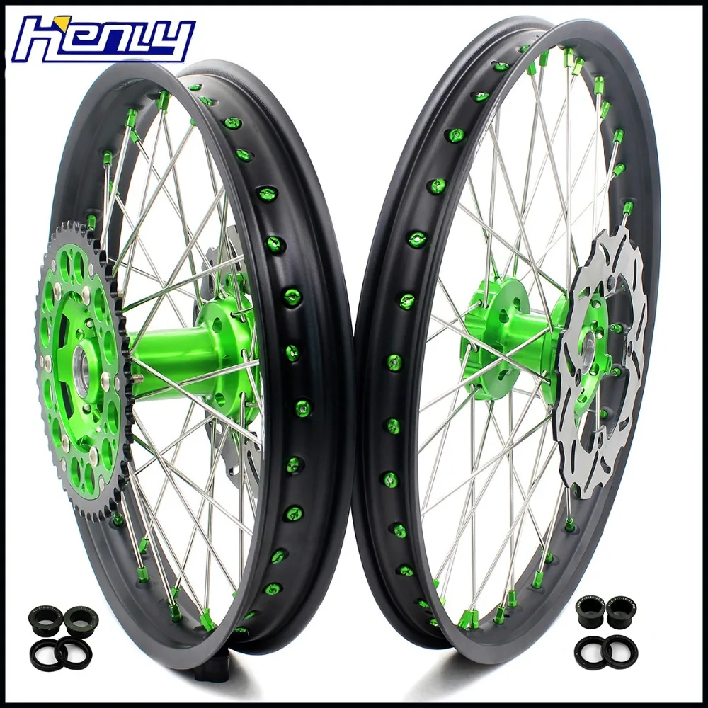21/19 MX полный мотоцикл колеса диски набор для KAWASAKI KX250F 2006- KX450F 2006- зеленый ниппель Spocket