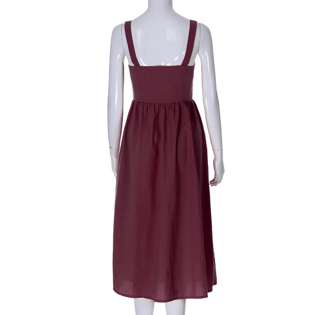 

Long Dress Women Summer 2019 Casual Strapless Backless Button Solid Cotton Linen Dress Ladies Empire Beach Sundress Vestidos #20