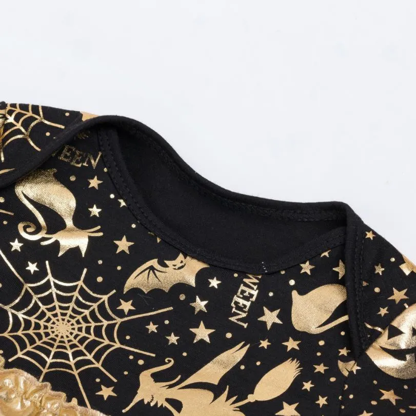 Хэллоуин комбинезон для новорожденных с тыквой принты рюшами на рукавах черные