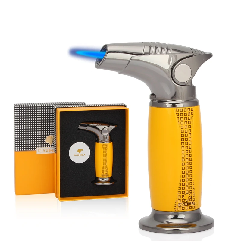 COHIBA сигарный фонарь, зажигалка, настольный пистолет, металлические газовые зажигалки с бутаном, ветрозащитная струйная зажигалка, зажигалка для сигар, инструменты W/Подарочная коробка