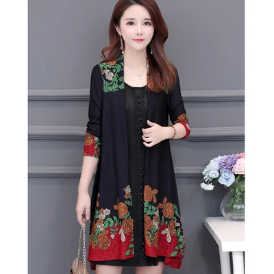 blue UHYTGF Autumn trench coat Womens fashion folk-custom printing Cardigan shawl thin outerwear Long sleeve loose plus size coats 83 - Цвет: blue