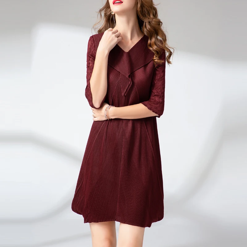 Changpleat весна лето однотонные женские платья miяк плиссированный модный дизайн v-образный вырез большой размер эластичное женское платье Tide D9880