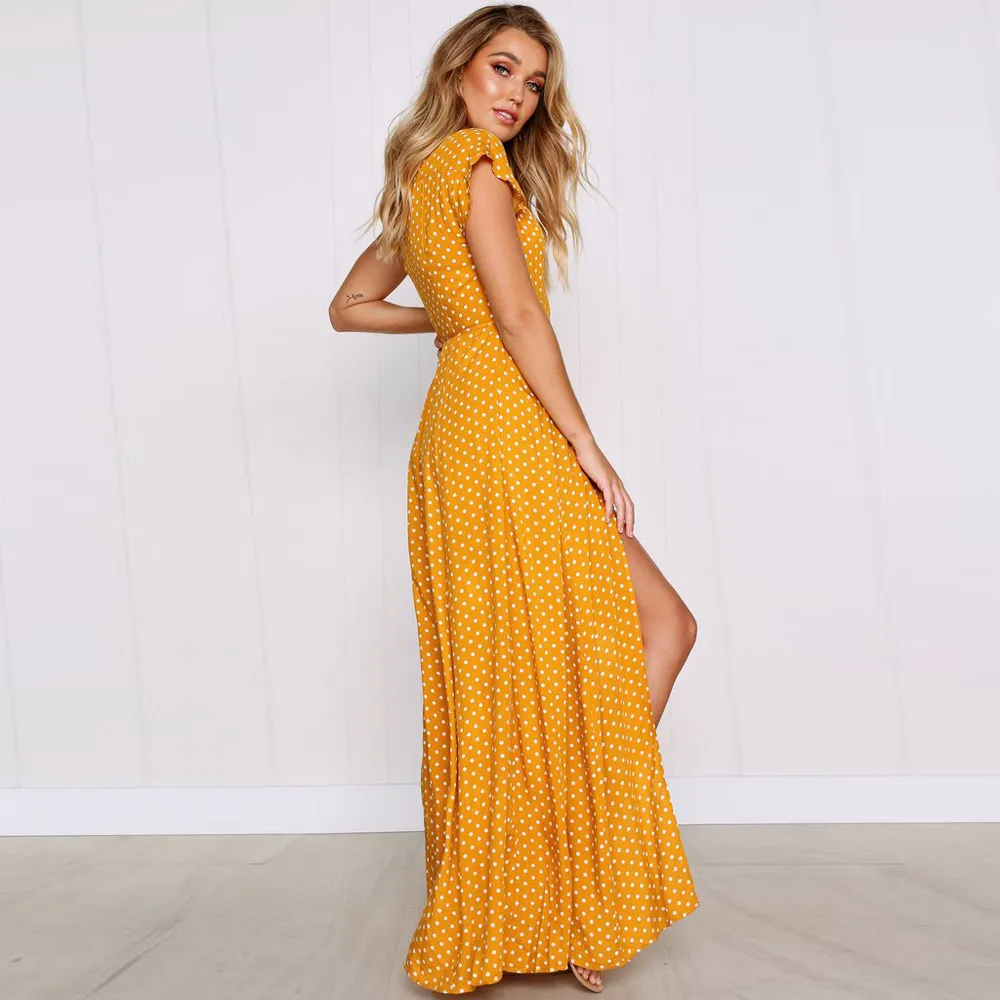 Vestidos verano 2018 Для женщин летнее платье дамы горошек Boho короткий рукав v-образным