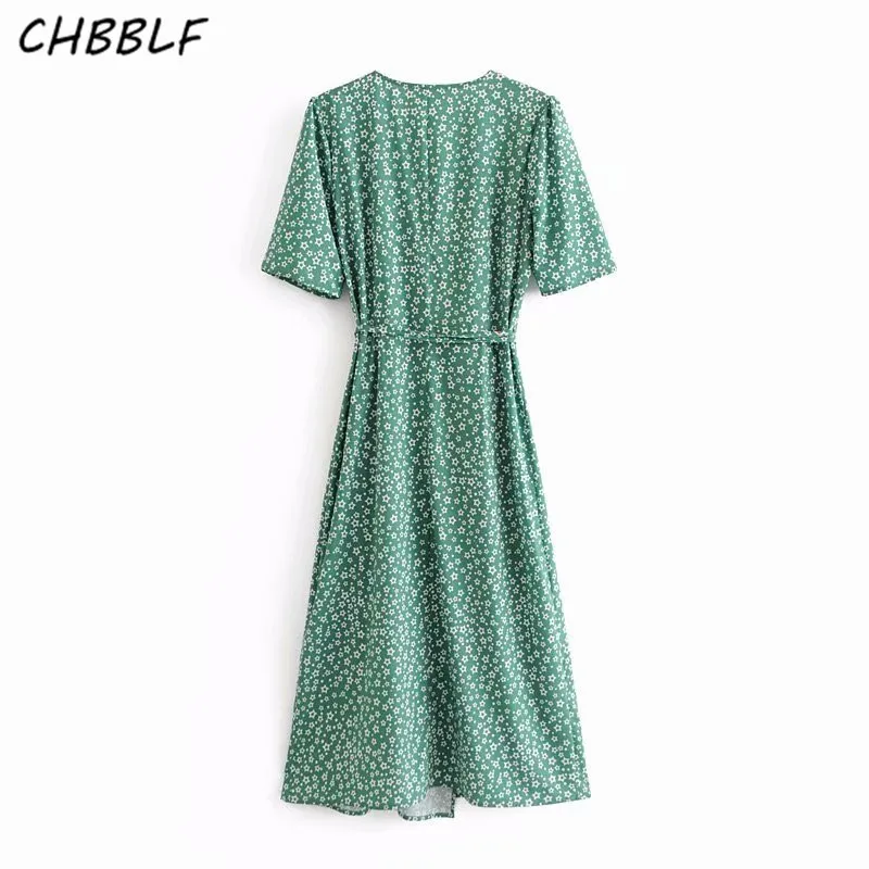 CHBBLF женщины Креста V шеи floral wrap dress С симпатичным бантом галстук с коротким