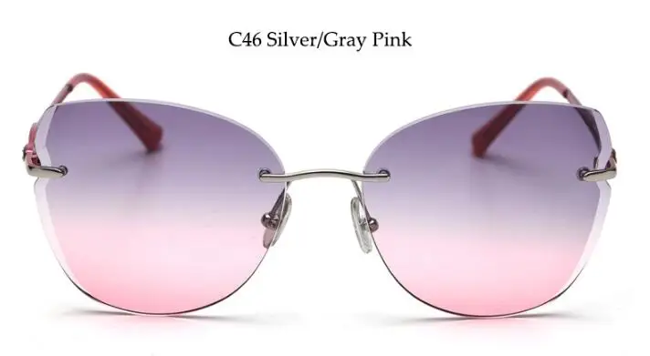 C46 gray pink Высококачественные зеленые солнцезащитные очки без оправы, дизайнерские брендовые роскошные женские солнцезащитные очки кошачий глаз, металлические трендовые градиентные очки - Цвет линз: C46 gray pink