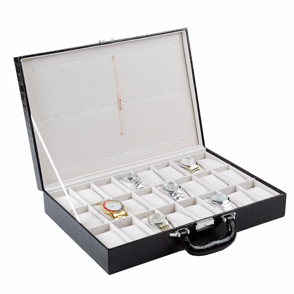 2017 искусственная кожа часы Дисплей Box 24 Сетка чехол для хранения ювелирных