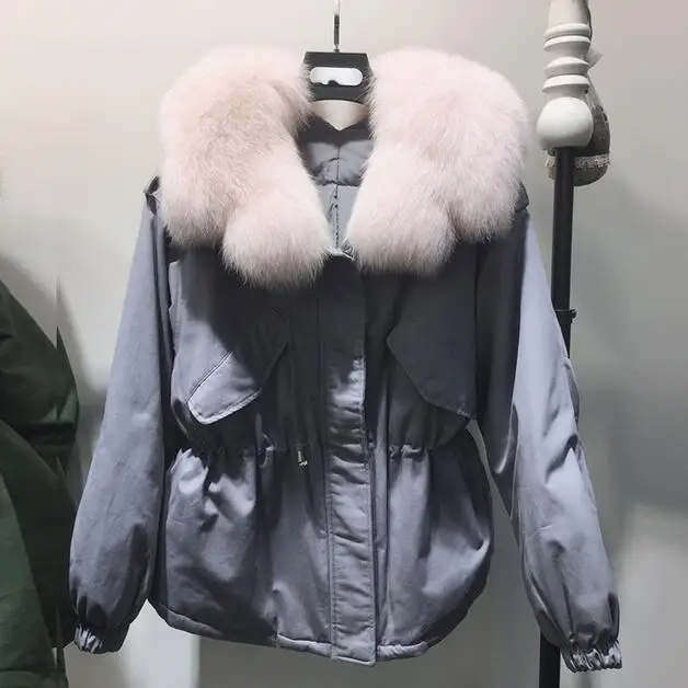 blue Large Real Fox Fur Collar New Winter Coat Jacket Women Female Loose Short Down Parka Thick Warm 90% White Duck Down Jacket - Цвет: blue