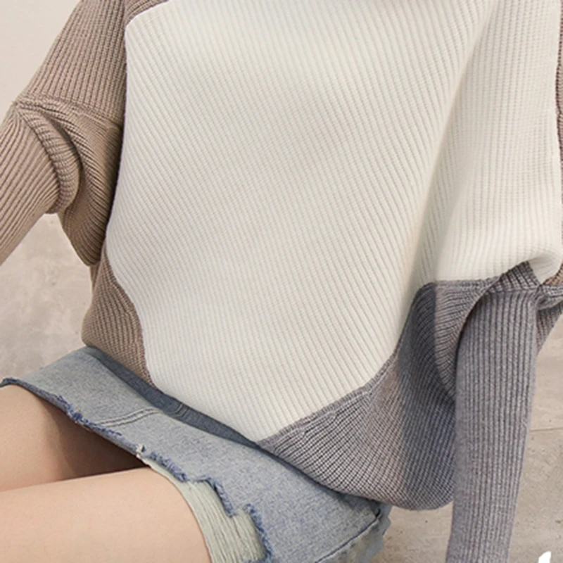 Autumn Women High-neck Sweater Loose 2018 Winter Irregular Stitching Korean Female Bat sleeve Thick Coat NO465 | Женская одежда