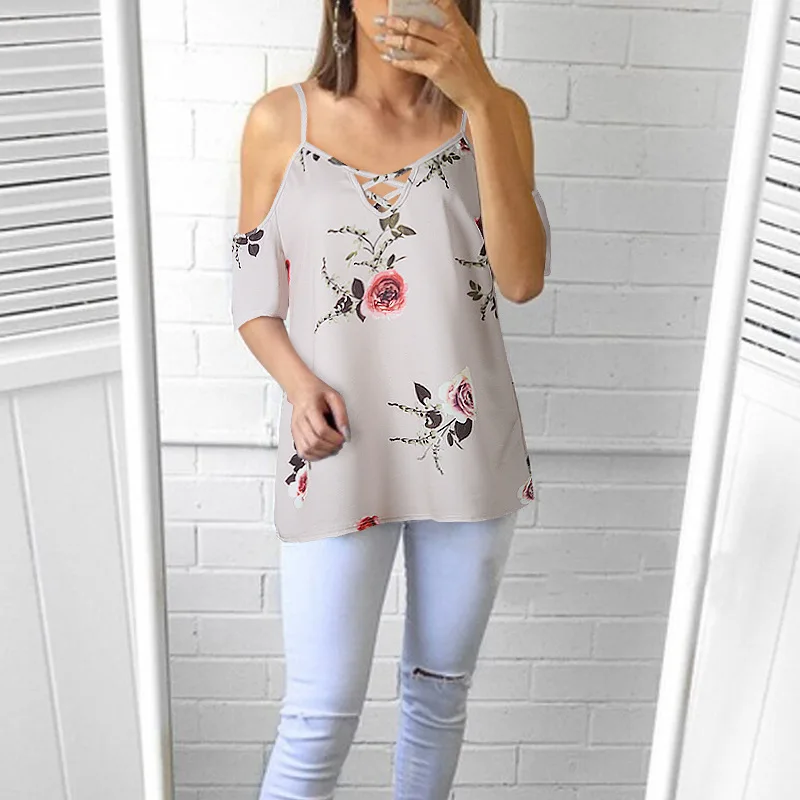 Женская футболка с открытыми плечами v-образным вырезом и коротким рукавом |