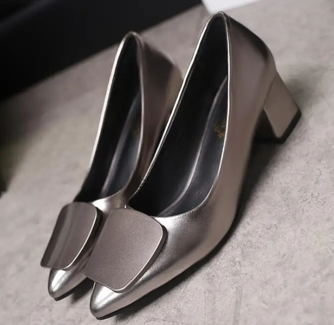 2019 г. Новые женские тонкие туфли лодочки на толстом каблуке с острым носком