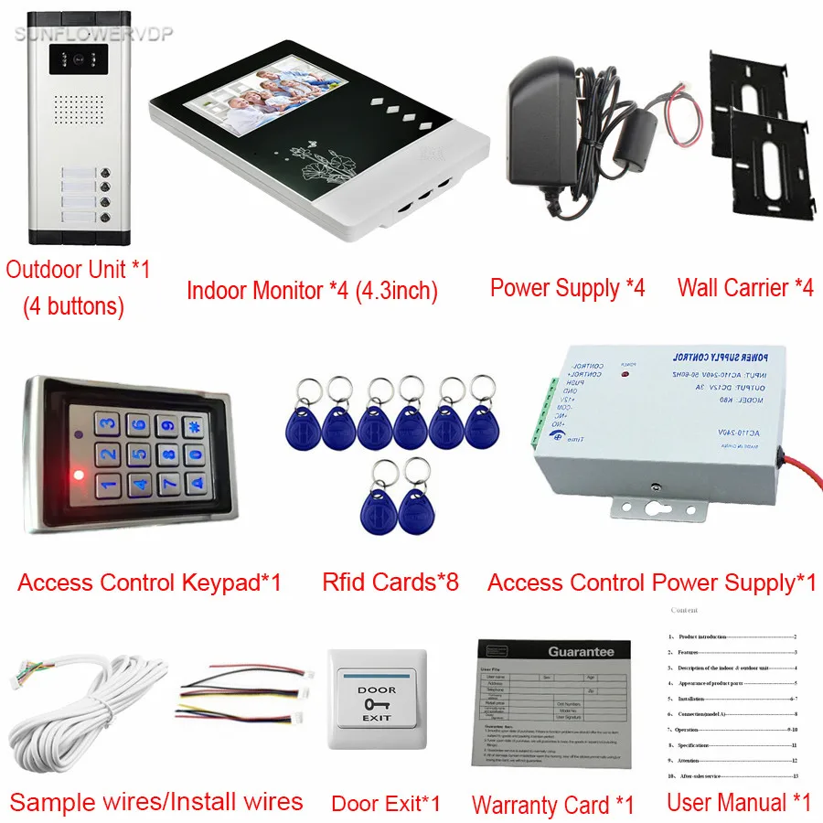 Video Intercom For 4 Apartment Video Doorman With 4.3