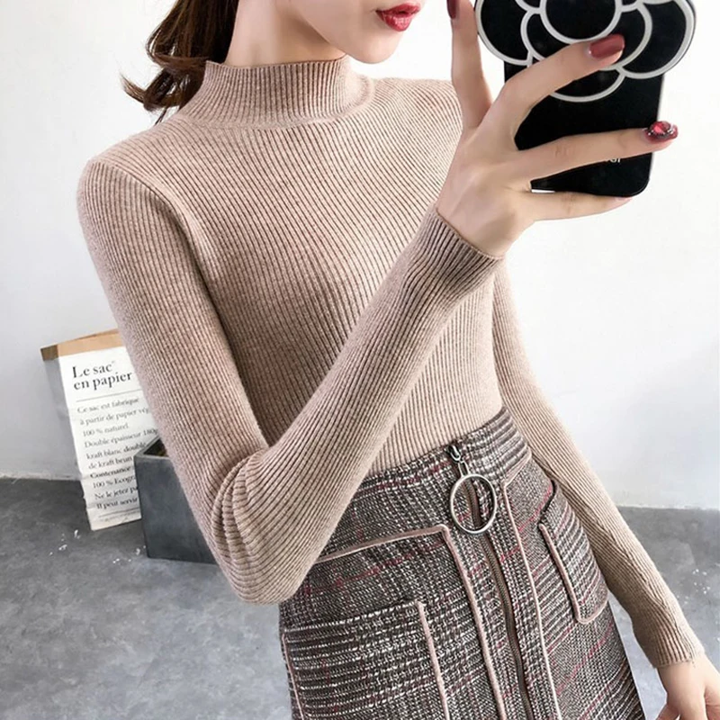 2021 Autumn Winter Women Pullovers Sweater Knitted Korean Elasticity Casual Jumper Fashion Slim Turtleneck Warm Female Sweaters | Женская