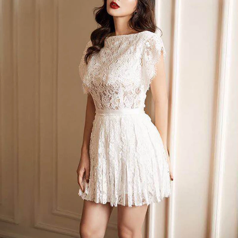 Max Spri 2019 Summer New Fashion Women Elegant Slash Neck Short Sleeves Top A Line Mini Skirt 2 Piece Set For Office Lady |