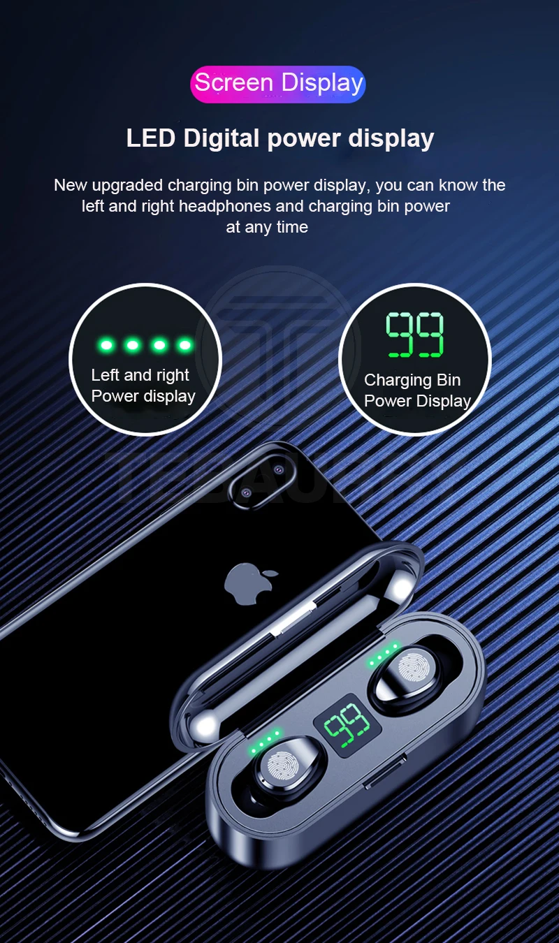 TWS V5.0 Bluetooth наушники 8D стерео беспроводные наушники спортивные беспроводные наушники со светодиодный зарядным отсеком 2000 мАч держатель для телефона