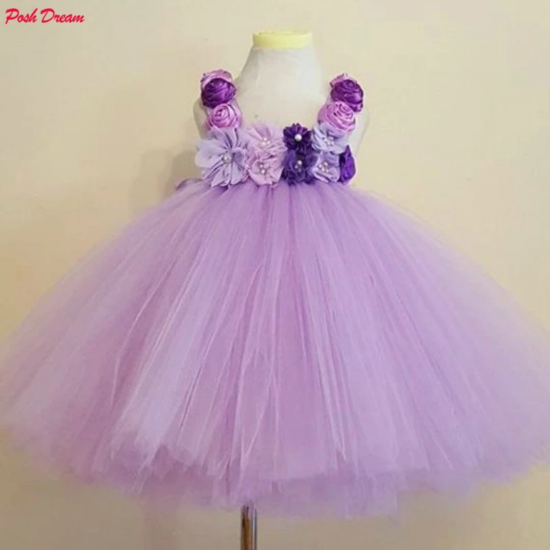 

POSH DREAM Lavender Flower Girl Tutu Dress Rose Chiffon Flower Kids Lavender Dress Wedding Bridesmaid Kids Clothes for Girls
