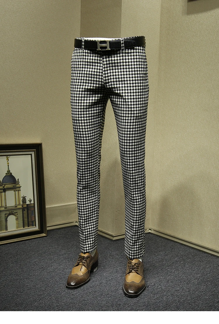 Мужская одежда брюки формальные Бизнес slim fit мода уличная костюм в черно-белую клетку Брюки Свадьба жениха одежда подарок на день отца 36