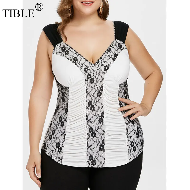 TIBLE плюс размеры майка 5XL 4XL Ruched кружевная бейка большой tanktop цветочный v образным