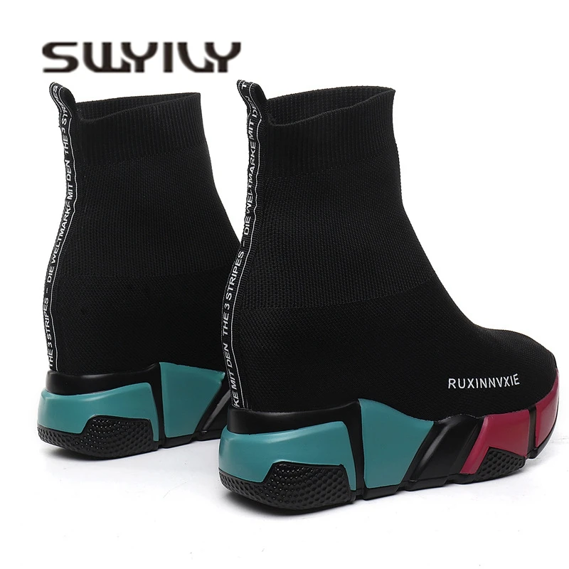 

SWYIVY Sock Boots Woman Hided Wedge Platform Female Casual Shoes 2018 Autumn New Wedge Lady Knitting Short Ankle Boots Platform