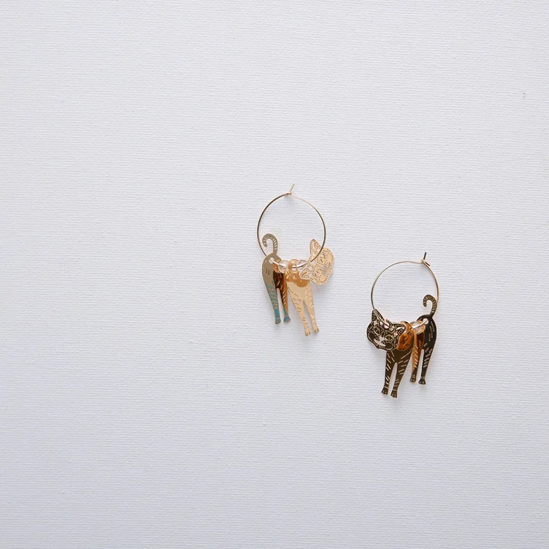 Креативные висячие серьги с 3D котом и прозрачными бусинами металлические