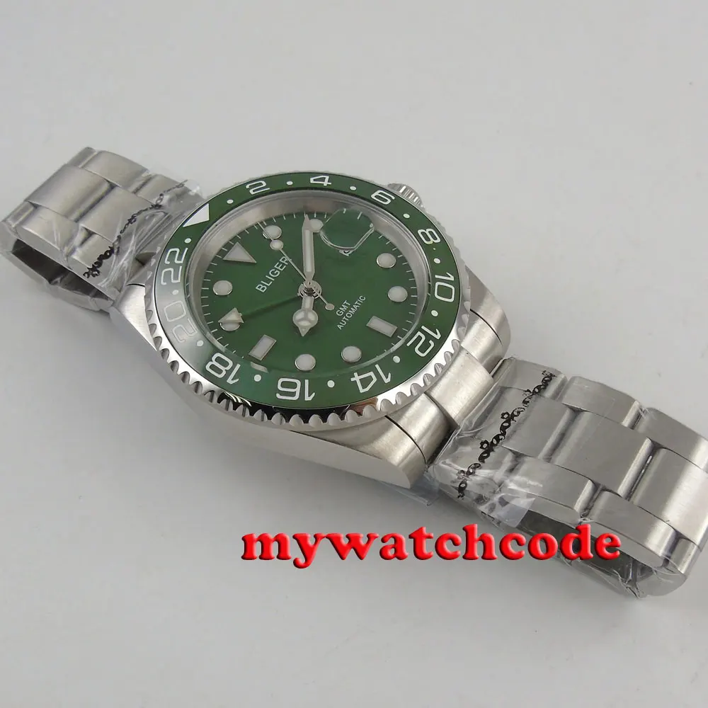 40 мм Bliger зеленый циферблат синие светящиеся знаки GMT зеркальные автоматические