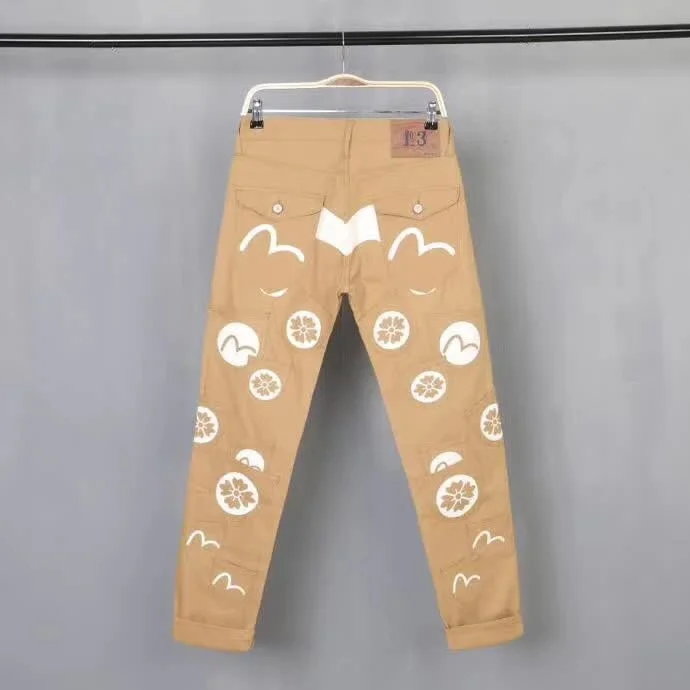 Evisu New Casual Men's Breathable High Quality Khaki Casual Pants Warm Men's Tide Brand Cotton Straight Print Men's Trousers - Цвет: Khaki