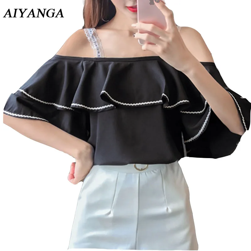 

2018 Sexy Chiffon Tops Summer Slash Neck Off Shoulder Spaghetti Stap Butterfly Fashion Loose For Woman Solid White Black