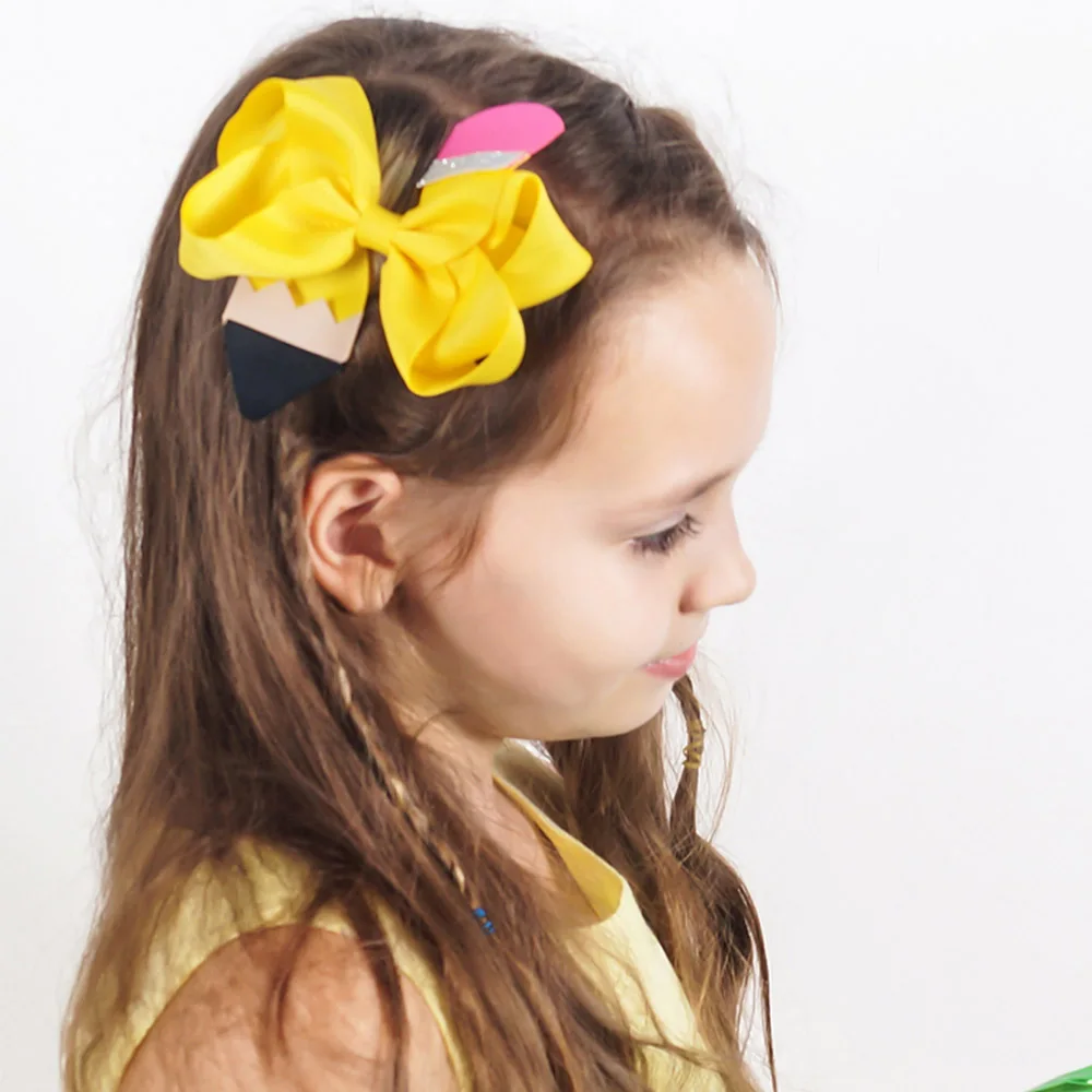 

2 Pcs 4.5'' Sweet Children Girl Pencil Hair Clip Handmade Ribbon Hair Bows Hairpin For Students School Kid Hair Accessories