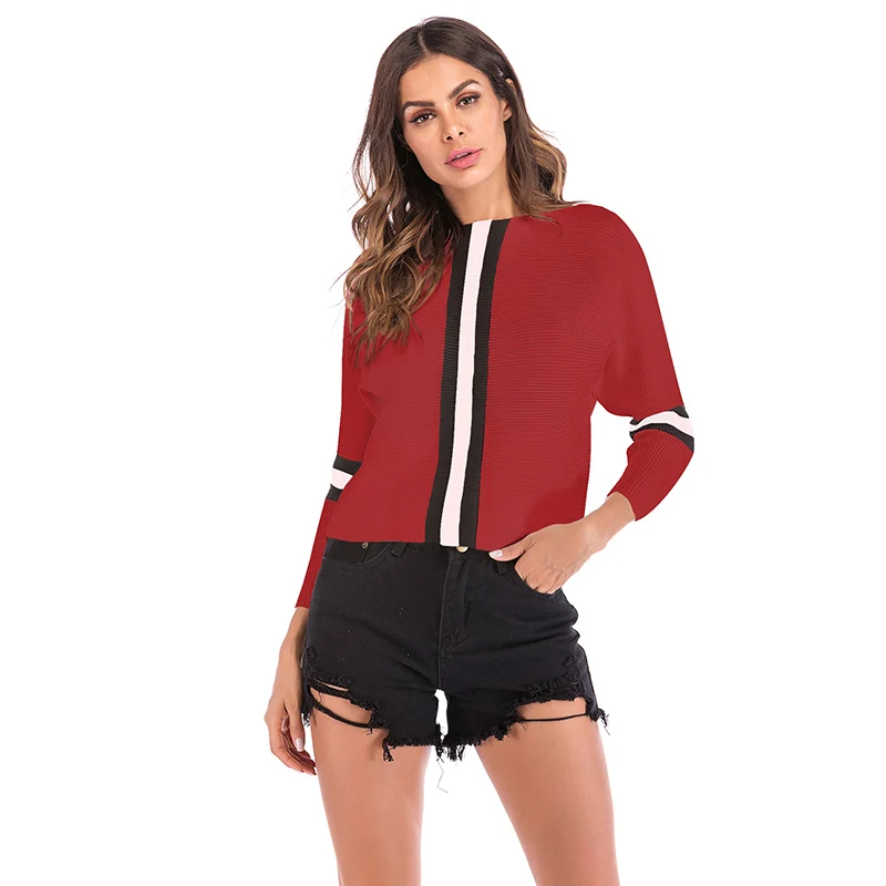 2018 модные женские туфли в полоску Вязание Футболки Slash шеи женский Batwing полная