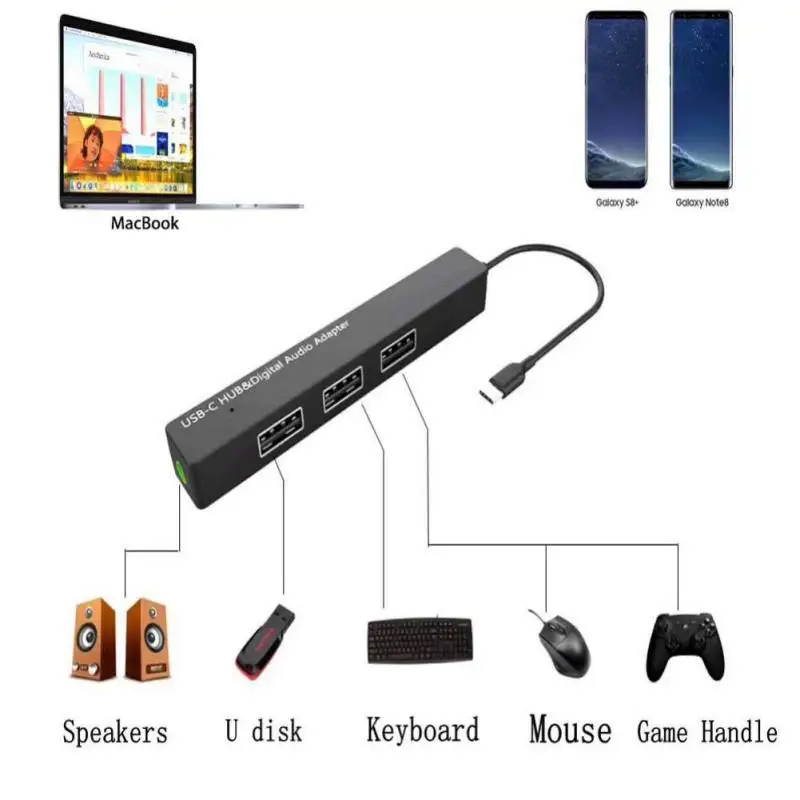 USB-C Hub TypeC 3.5mm Digital Audio Adapter 3 Ports USB 2.0 HUB for MacBook Pro Mobile Phones ChromeBook Laptop Computer | Компьютеры и