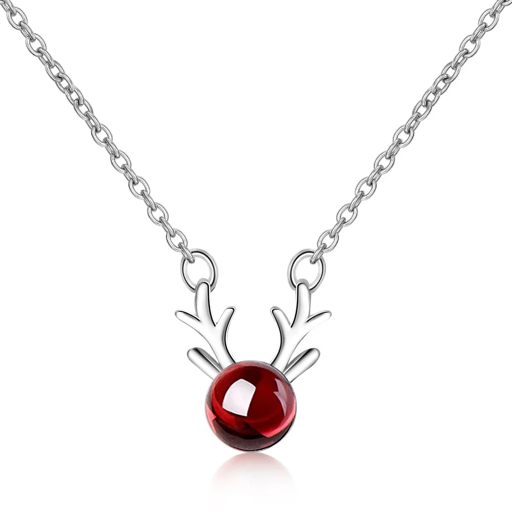 

Trendy Christmas Deer ELK Animal Natural Garnet Platinum Plated Lady Pendant Necklaces Jewelry Women Short Chains Gift