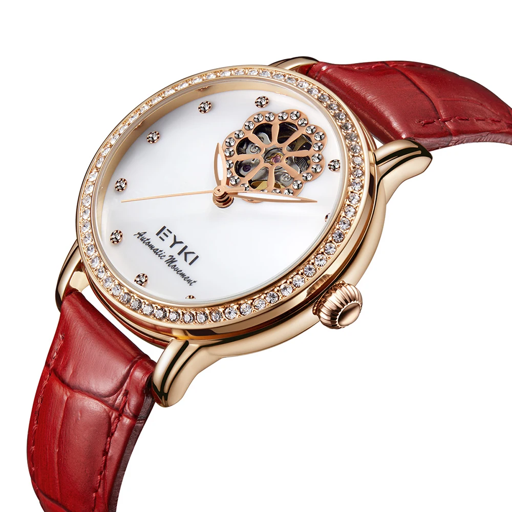 EYKI Брендовые женские механические часы с полым маховиком классические красные