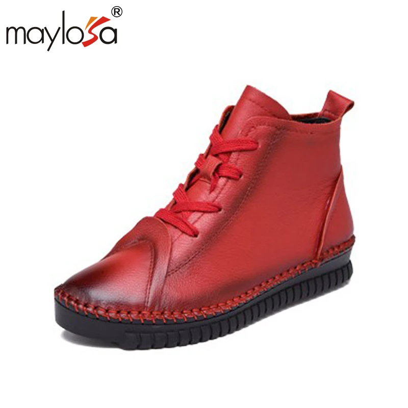 MAYLOSA Genuine Leather Women Boots Spring Autumn Fashion Pleated Ankle Warm Soft Outdoor Casual Flat Shoes shoes woman | Обувь