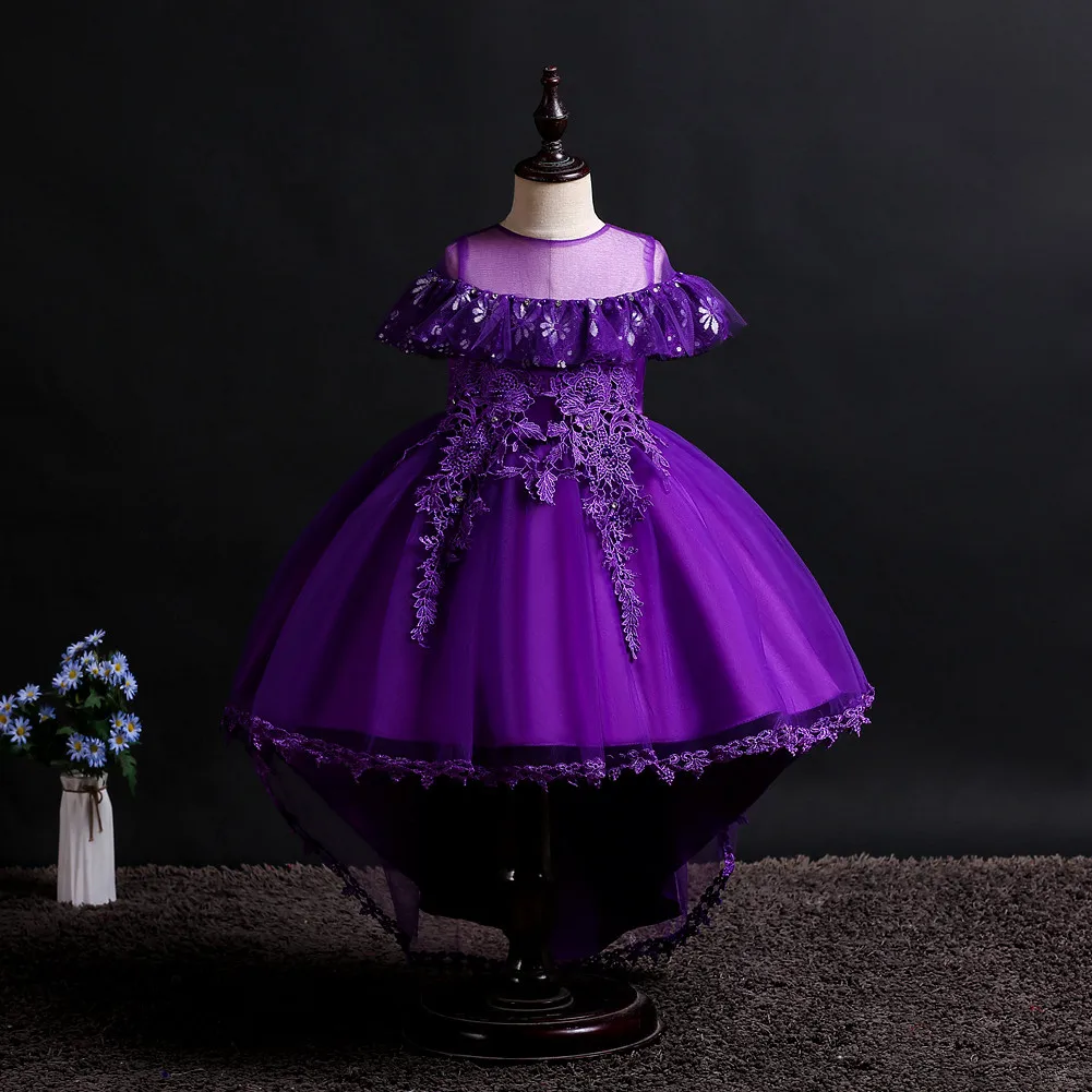 Fashion Short Front Long Back Children Birthday Party Dresses Girls New Red White Purple Flower Girl Wedding Dress for Kids | Детская