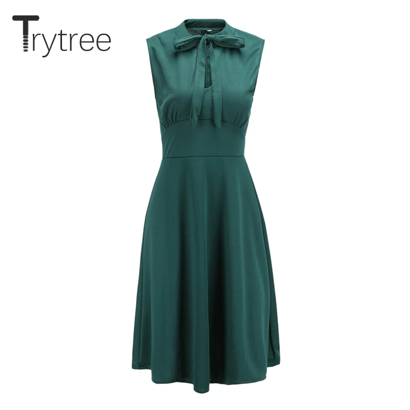 Trytree летнее осеннее платье повседневное одноцветное женское без рукавов с бантом