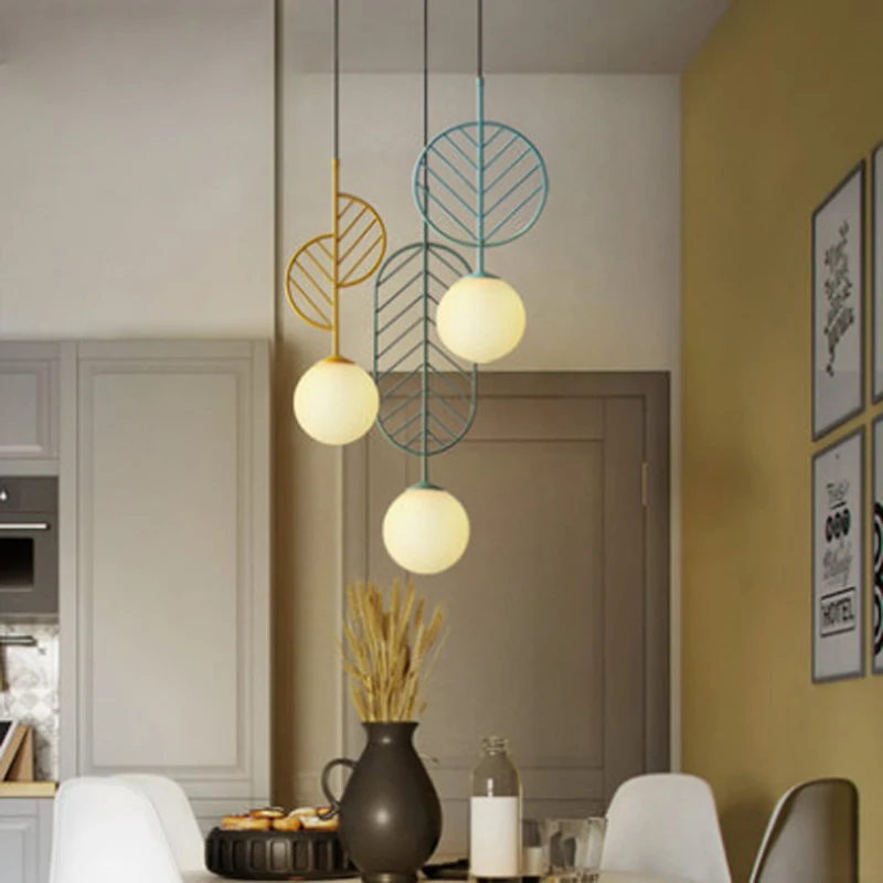 

Nordic creative color single head glass ball chandelier modern green leaf design living room decoration LED lighting E27 bulb