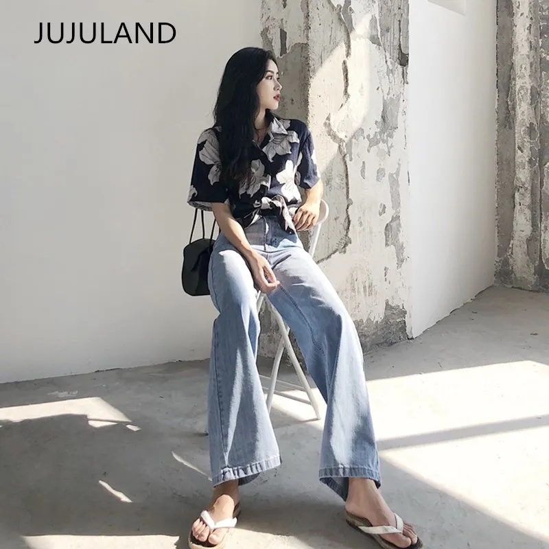 Женские джинсы с высокой талией JUJULAND голубые прямые стрейч новинка 2019|Прямые