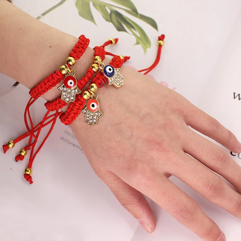 Pulsera Куерда красный браслет из нитей для Lucky турецкий глаз кристалл Хамса рук плетеный браслет Женщина Подвеска-Шарм ручной работы ювелирные изделия