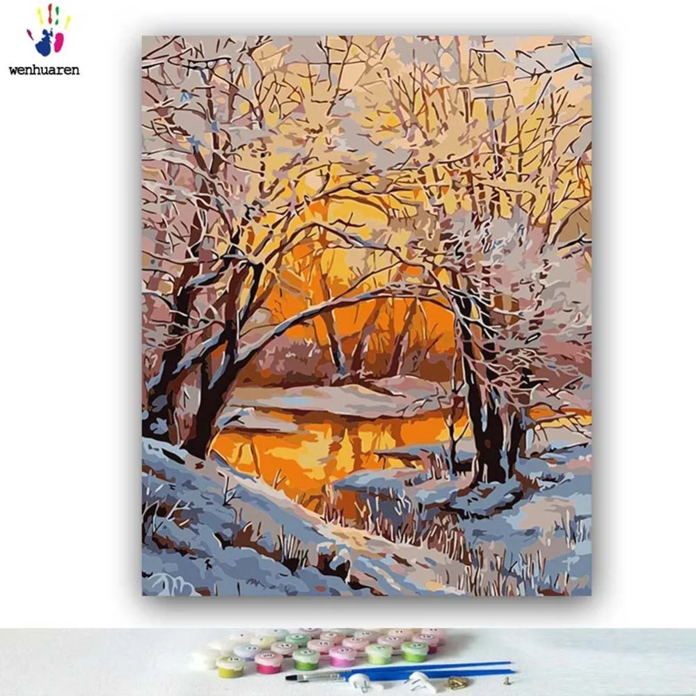 DIY картина по номерам Снежный пейзаж в лесу на закате Картина раскраска краски с