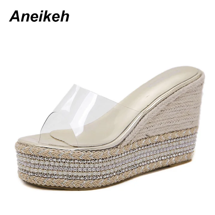 Gold Aneikeh/ г., новые модные летние пикантные шлепанцы тапочки на толстой прозрачной платформе женская пляжная обувь на танкетке - Цвет: Gold