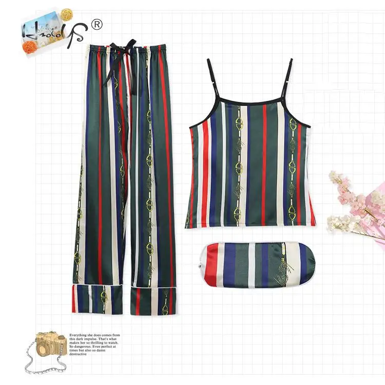Stripe Printing Women's 7 Pieces Pajamas Sets Emulation Silk Satin Pajamas Women Sleepwear Sets Spring Summer Autumn Homewear