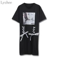 lychee casual summer women t shirt lace up bandage character print irregular short sleeve t shirt tee top female
