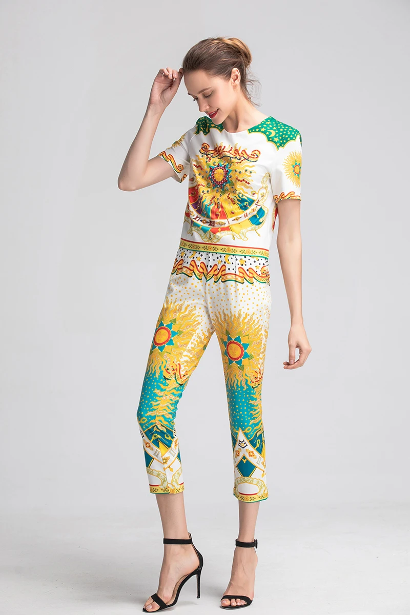 

MIUXIMAO 2019 Spring&Summer Newest Suit Sets 2 Piece Flower Print Luxurious Daimonds Top + jumpsuit Women vestido