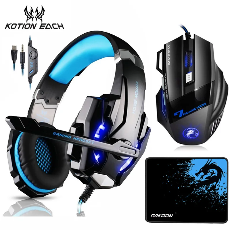 KOTION каждая игровая стереогарнитура наушники с глубоким басом с микрофоном светодиодный светильник+ 7 кнопок 5500 dpi игровая мышь Мыши+ коврик для игровой мыши