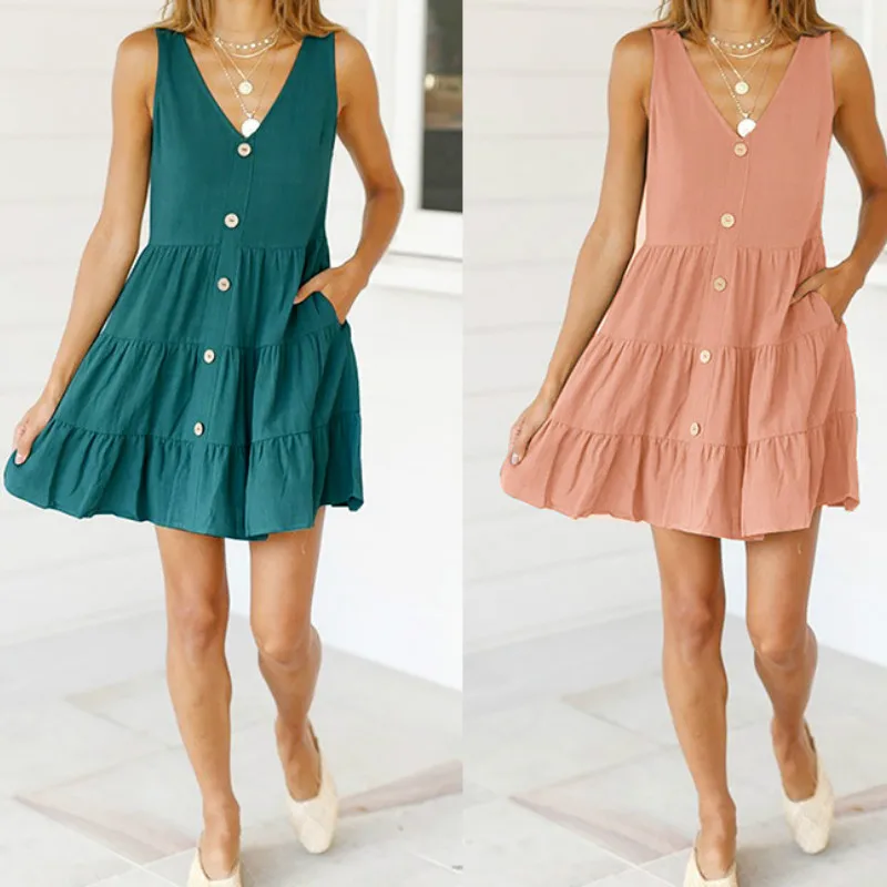 Милое зеленое платье Boho Kawaii, Пляжное летнее платье для женщин, пуговицы, оборки, карманы, платье без рукавов, верхняя одежда, сарафан, GV249