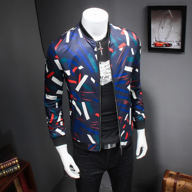 

High Quality Men Casual Jacket Fashion Nice Korean Slim Fit Bomber Jacket Men Long Sleeve Stand Collar Print Windbreaker Coats