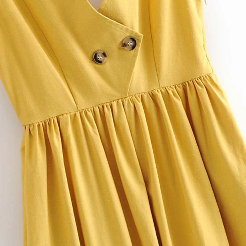 Летнее Сексуальное желтое платье миди с v образным вырезом без рукавов карманами